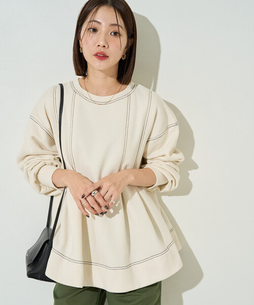 セール】限定展開 配色 ステッチ タック Aライン 裏起毛 チュニック