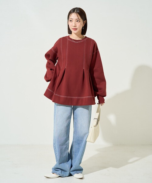 セール】限定展開 配色 ステッチ タック Aライン 裏起毛 チュニック