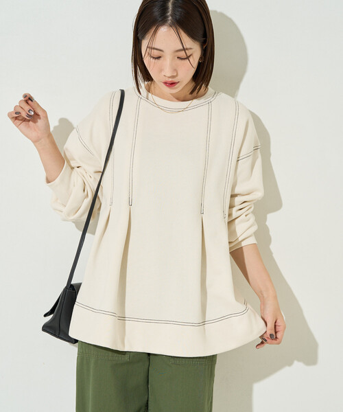 限定展開 配色 ステッチ タック Aライン 裏起毛 チュニック