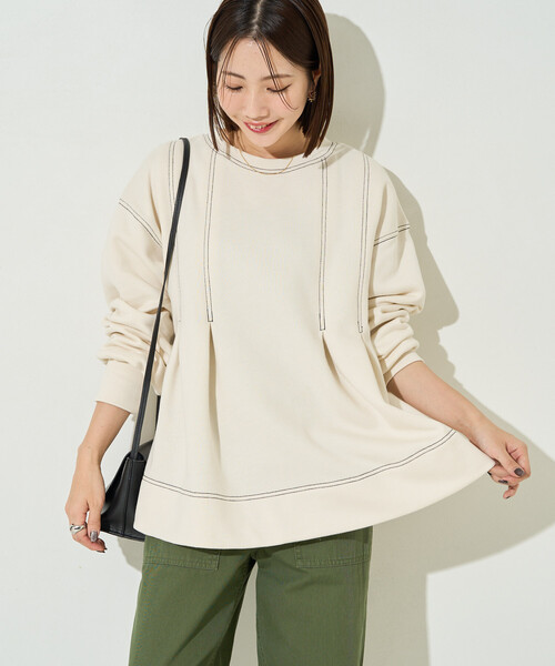 限定展開 配色 ステッチ タック Aライン 裏起毛 チュニック