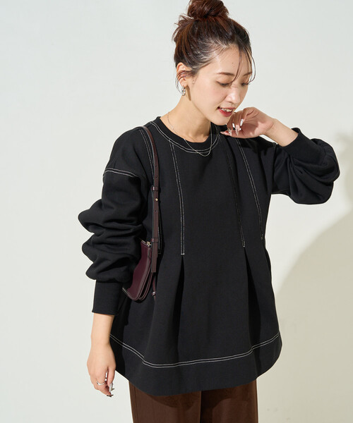 FREAK'S STORE(フリークスストア)の「限定展開 配色 ステッチ タック Aライン 裏起毛 チュニック(スウェット・レディース・杢グレー/ナチュラル/ブラック/レッド・フリ-)」の12枚目の写真