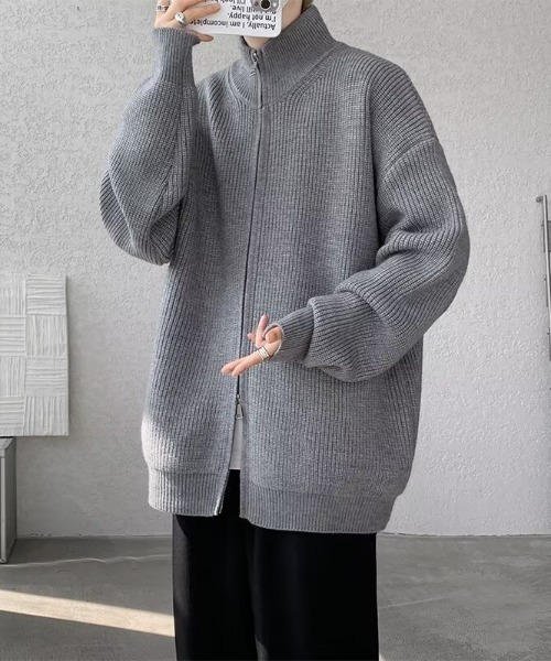 【即日発送】stone  ダブルジップ セーター 薄手 グレー M セール】畦編みダブルジップドライバーズニット（ニット/セーター