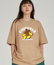 フロントチャックベアラウンドネック15番手綿半袖Tシャツ_ベージュ