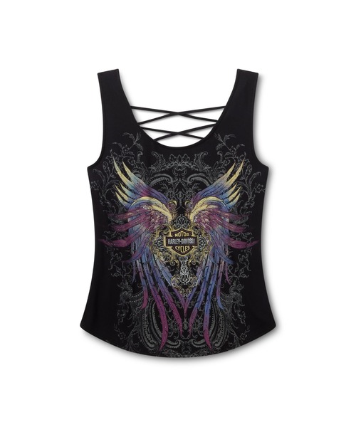 Harley-Davidson(ハーレーダビッドソン)の「ブリング レースバック タンクトップ - H-D(R)モトウィングス(Tシャツ/カットソー・レディース・ブラック系その他・X-SMALL/SMALL/LARGE/MEDIUM)」の1枚目の写真