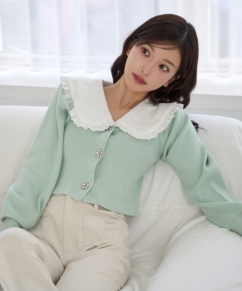 Seemi. byNICECLAUP（ シーミーバイナイスクラップ）の「【Seemi.】襟付きニット（ニット/セーター・レディース・杢グレー/ホワイト×ネイビー/ミント・FREE）」の3枚目の写真