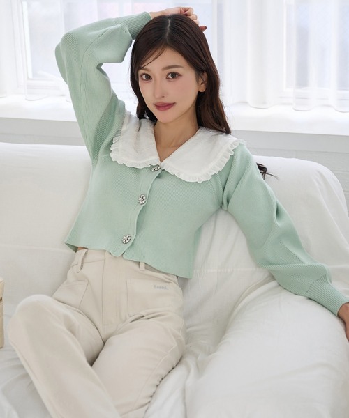 Seemi. byNICECLAUP（ シーミーバイナイスクラップ）の「【Seemi.】襟付きニット（ニット/セーター・レディース・杢グレー/ホワイト×ネイビー/ミント・FREE）」の7枚目の写真