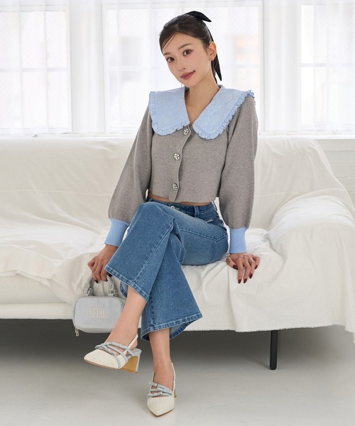 Seemi. byNICECLAUP（ シーミーバイナイスクラップ）の「【Seemi.】襟付きニット（ニット/セーター・レディース・杢グレー/ホワイト×ネイビー/ミント・FREE）」の8枚目の写真