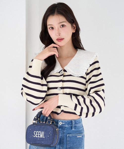 Seemi. byNICECLAUP（ シーミーバイナイスクラップ）の「【Seemi.】襟付きニット（ニット/セーター・レディース・杢グレー/ホワイト×ネイビー/ミント・FREE）」の16枚目の写真