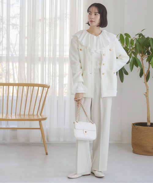 ANGIE（アンジー）の「【オケージョン対応 / セレモニー対応 / セットアップ対応】タック センタープレス ワイド ストレートパンツ（スラックス・レディース・アイボリー/ブラック・MEDIUM/LARGE）」の9枚目の写真