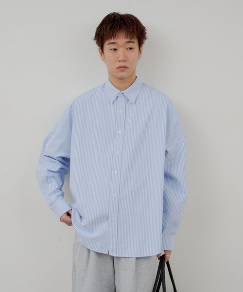 WHIMSIC(ウィムジック)の「【UNISEX】シアーサッカーストライプシャツ(シャツ/ブラウス・メンズ・ブルー/イエロー/ピンク・FREE)」の15枚目の写真