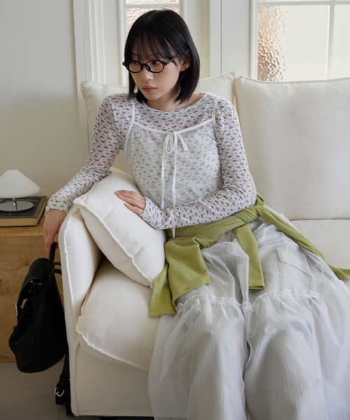 UNE MANSION（ユヌマンション）の「【サイドジッパー付き】フロントリボンレイヤードシースルーフレアフリルロングキャミワンピース（キャミソール・レディース・チェック/ホワイト・FREE）」の21枚目の写真