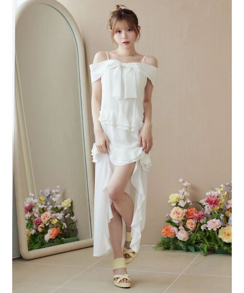 EATME(イートミー)の「リボンアシンメトリーワンピース(ワンピース・レディース・オレンジ/ピンク/オフホワイト/ブラック・SMALL/MEDIUM)」の2枚目の写真