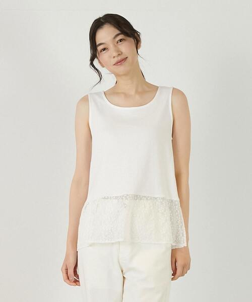 MELROSE claire(メルローズ クレール)の「【コットンフライス+リーフレースタンクトップ】(タンクトップ・レディース・グレー/ブラック/ベージュ/オフホワイト・FREE)」の1枚目の写真