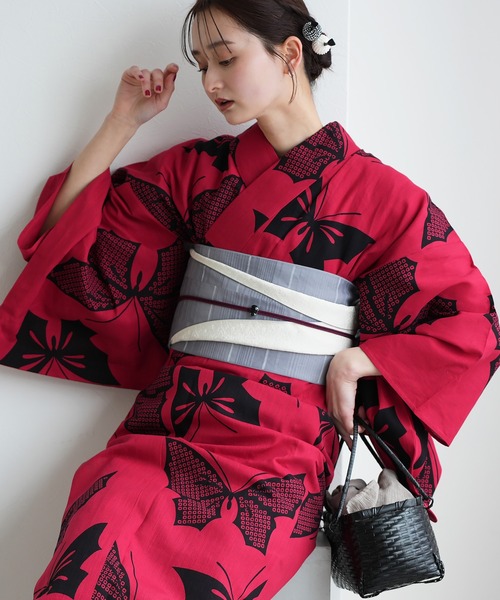 手染め注染浴衣3点セット utatane×注染工房 宵遊びの緋色蝶（浴衣