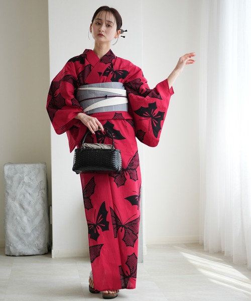 手染め注染浴衣3点セット utatane×注染工房 宵遊びの緋色蝶（浴衣