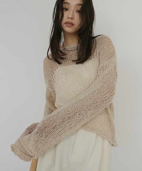 hellam(へラム)の「透かし編みショートニット(ニット/セーター・レディース・ブラック/ベージュ/ピンク/グリーン・FREE)」の2枚目の写真