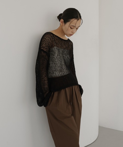 hellam(へラム)の「透かし編みショートニット(ニット/セーター・レディース・ブラック/ベージュ/ピンク/グリーン・FREE)」の5枚目の写真