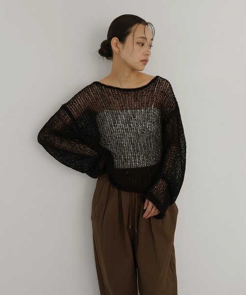 hellam(へラム)の「透かし編みショートニット(ニット/セーター・レディース・ブラック/ベージュ/ピンク/グリーン・FREE)」の6枚目の写真
