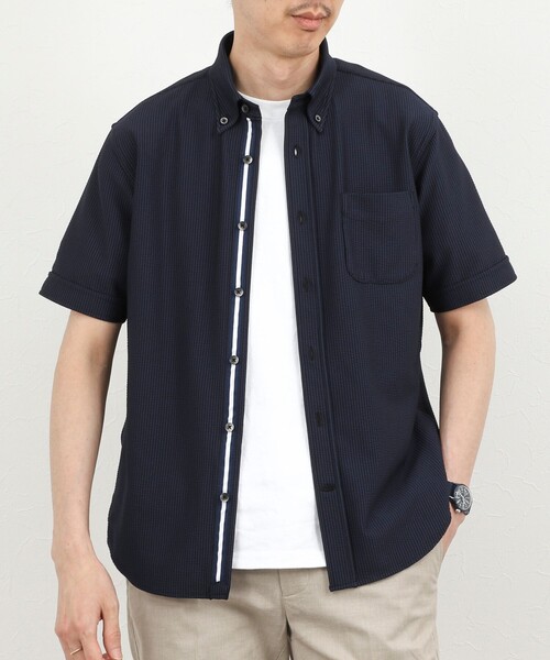 NOLLEY’S(ノーリーズ)の「《ビジカジ対応》トリコットサッカーテープ ボタンダウン半袖シャツ 26SS(シャツ/ブラウス・メンズ・オフホワイト/ブルー系その他/ネイビー・S/M/L/XL/XXL)」の1枚目の写真