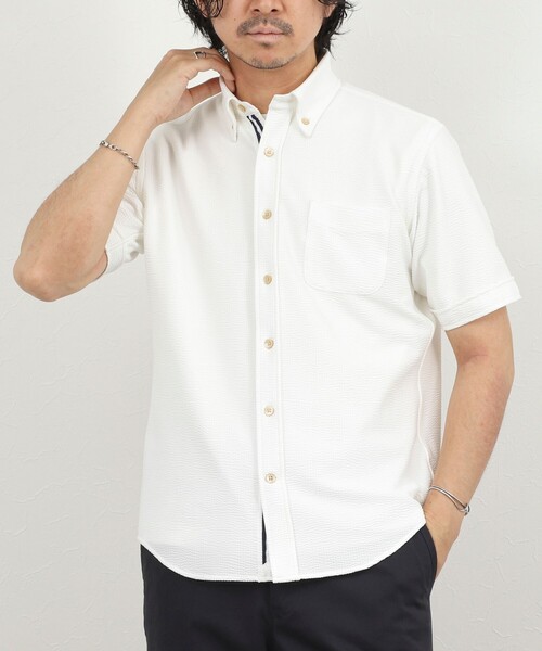 NOLLEY’S(ノーリーズ)の「《ビジカジ対応》トリコットサッカーテープ ボタンダウン半袖シャツ 26SS(シャツ/ブラウス・メンズ・オフホワイト/ブルー系その他/ネイビー・S/M/L/XL/XXL)」の2枚目の写真
