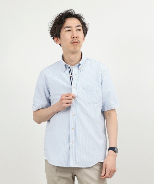 NOLLEY’S(ノーリーズ)の「《ビジカジ対応》トリコットサッカーテープ ボタンダウン半袖シャツ 26SS(シャツ/ブラウス・メンズ・オフホワイト/ブルー系その他/ネイビー・S/M/L/XL/XXL)」の6枚目の写真
