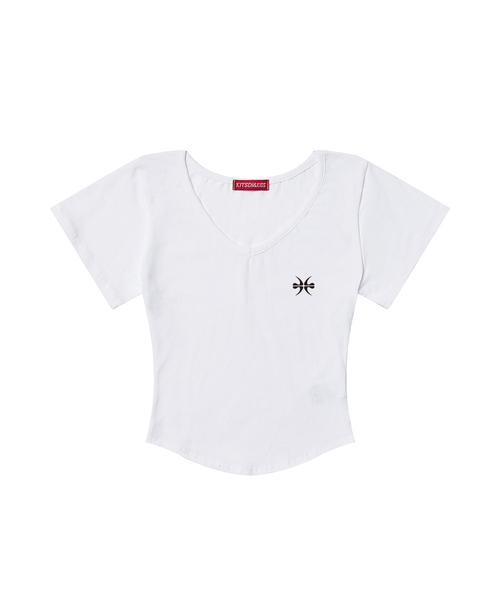 KITSCH&KISS(キッチアンドキス)の「MAIN LOGO クロップVネックTシャツ (SCVKNK-100)(Tシャツ/カットソー・レディース・ホワイト/ブラック/チャコールグレー・FREE)」の2枚目の写真