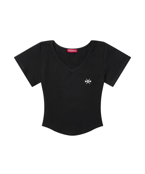 KITSCH&KISS(キッチアンドキス)の「MAIN LOGO クロップVネックTシャツ (SCVKNK-100)(Tシャツ/カットソー・レディース・ホワイト/ブラック/チャコールグレー・FREE)」の1枚目の写真