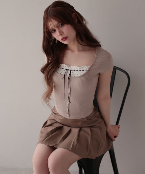 M DOLLY（エムドリー）の「Flower lilia layered rib tops/フラワーリリアレイヤードリブトップス（Tシャツ/カットソー・レディース・グレー/ベージュ・FREE）」の13枚目の写真
