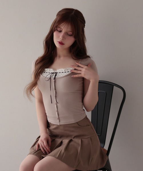 M DOLLY（エムドリー）の「Flower lilia layered rib tops/フラワーリリアレイヤードリブトップス（Tシャツ/カットソー・レディース・グレー/ベージュ・FREE）」の14枚目の写真