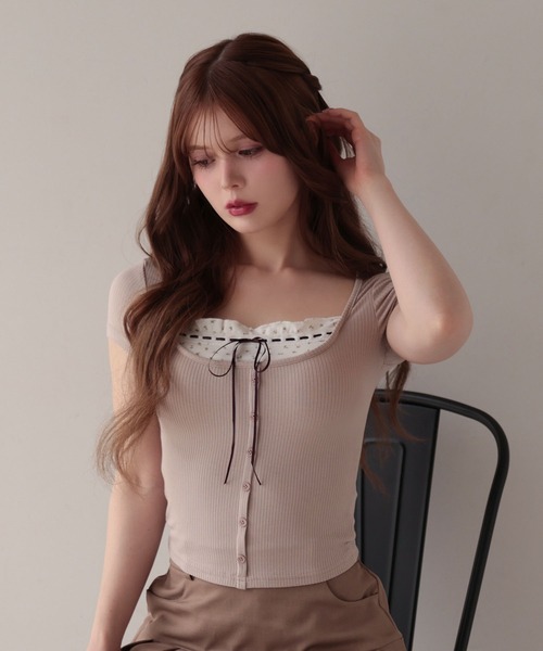 M DOLLY（エムドリー）の「Flower lilia layered rib tops/フラワーリリアレイヤードリブトップス（Tシャツ/カットソー・レディース・グレー/ベージュ・FREE）」の15枚目の写真