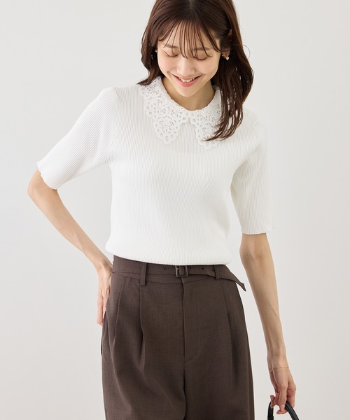 ROPE' PICNIC(ロペピクニック)の「レースカラーハーフスリーブリブニット(ニット/セーター・レディース・ライトグレー/オフホワイト/ネイビー・M/S)」の14枚目の写真