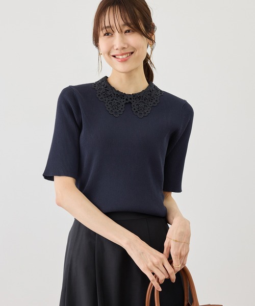 ROPE' PICNIC(ロペピクニック)の「レースカラーハーフスリーブリブニット(ニット/セーター・レディース・ライトグレー/オフホワイト/ネイビー・M/S)」の9枚目の写真