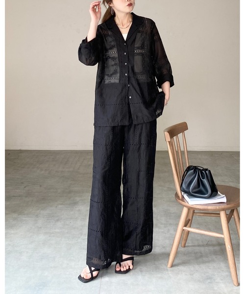 She's Closet(シーズクローゼット)の「花柄 刺繍 レース エンブロイダリー テーラード シアー シャツジャケット ワイドパンツ セットアップ(セットアップ・レディース・オフホワイト/ブラック・FREE)」の5枚目の写真
