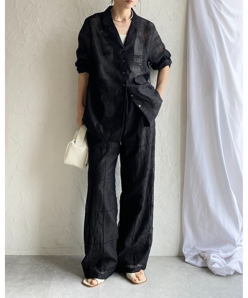 She's Closet(シーズクローゼット)の「花柄 刺繍 レース エンブロイダリー テーラード シアー シャツジャケット ワイドパンツ セットアップ(セットアップ・レディース・オフホワイト/ブラック・FREE)」の18枚目の写真