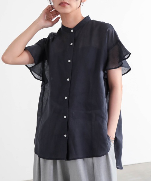 for/c(フォーシー)の「麻混シアーバンドカラーシャツ【サスティナブル】(シャツ/ブラウス・レディース・ネイビー/オフホワイト・L/M)」の2枚目の写真