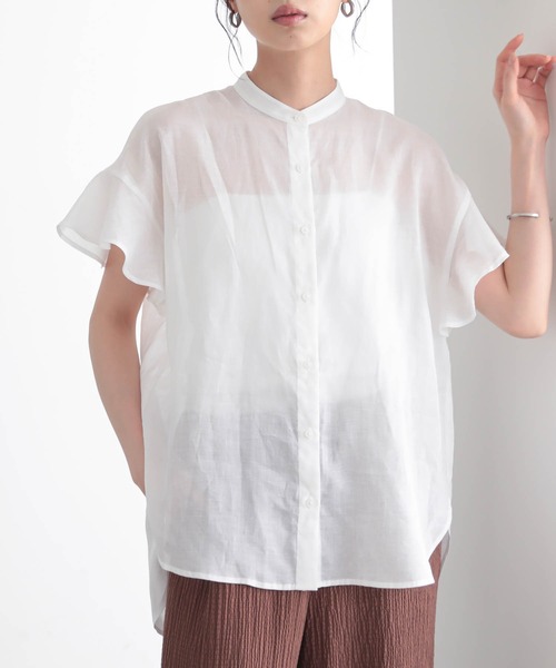 for/c(フォーシー)の「麻混シアーバンドカラーシャツ【サスティナブル】(シャツ/ブラウス・レディース・ネイビー/オフホワイト・L/M)」の1枚目の写真