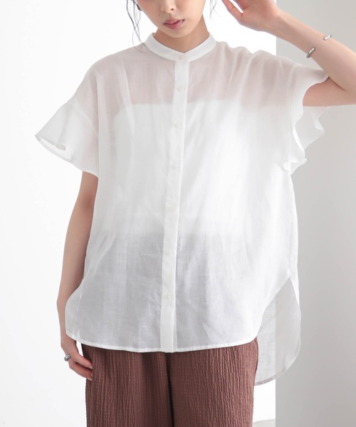 for/c(フォーシー)の「麻混シアーバンドカラーシャツ【サスティナブル】(シャツ/ブラウス・レディース・ネイビー/オフホワイト・L/M)」の3枚目の写真
