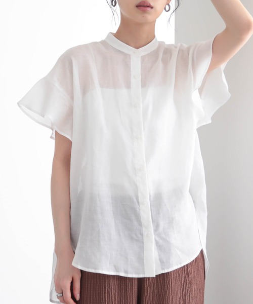 for/c(フォーシー)の「麻混シアーバンドカラーシャツ【サスティナブル】(シャツ/ブラウス・レディース・ネイビー/オフホワイト・L/M)」の4枚目の写真