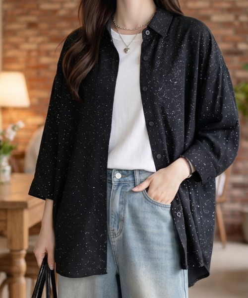 umune(ウムネ)の「ラインストーンシアーシャツ 長袖 オーバーサイズ ドット柄 レギュラーカラー 前開き 羽織り 透け感 軽やか きれいめ 大人カジュアル(シャツ/ブラウス・レディース・ブラウン/ブラック/オフホワイト・FREE)」の7枚目の写真