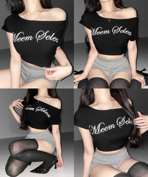 me+em select(ミームセレクト)の「【 3color 】レタリングロゴワンショルリブニット / lettering logo oneshoulder lib knit(ニット/セーター・レディース・ホワイト/ブラック/グレー・FREE)」の6枚目の写真