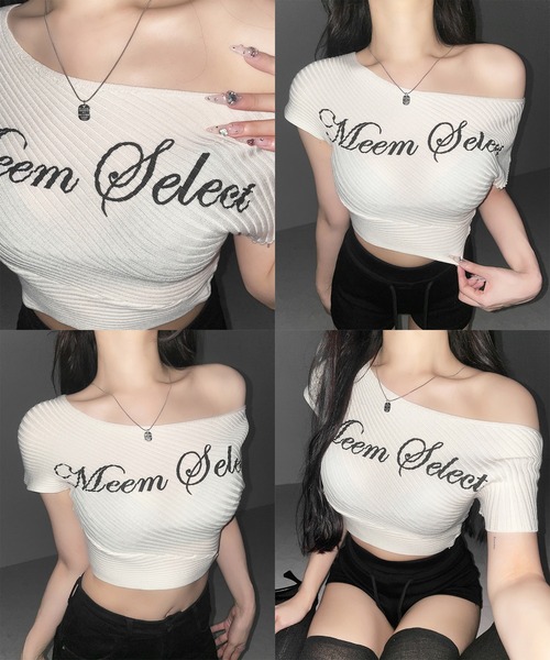 me+em select(ミームセレクト)の「【 3color 】レタリングロゴワンショルリブニット / lettering logo oneshoulder lib knit(ニット/セーター・レディース・ホワイト/ブラック/グレー・FREE)」の8枚目の写真