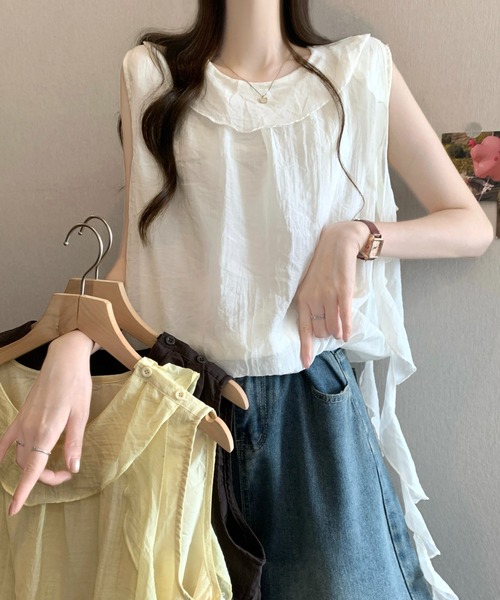 AMAJI(アマジ)の「ラッフルフリル チュール リボンタイ ショート丈 ノースリーブトップス(タンクトップ・レディース・ホワイト/ブラウン/イエロー・FREE)」の5枚目の写真