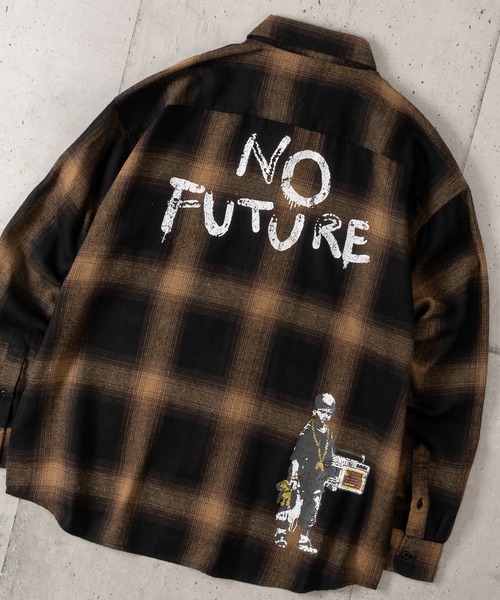 BRANDALISED(ブランダライズド)の「【ab】〔BRANDALISED/ブランダライズド〕アートプリント オンブレチェックシャツ NO FUTURE(シャツ/ブラウス・メンズ・ホワイト/ブラック/ブラウン・MEDIUM/LARGE)」の3枚目の写真