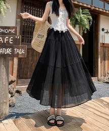 プラスサイズ ハイウエスト ティアード マキシ丈スカート