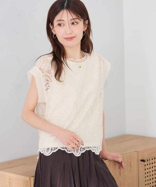 a.v.v(アーヴェヴェ)の「レース柄シアートップス(Tシャツ/カットソー・レディース・アイボリー/ブラック・39)」の6枚目の写真
