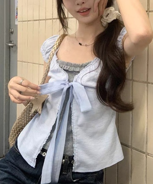 FAVORITO(ファヴォリート)の「リボン付きフェイクレイヤード半袖トップス(その他トップス・レディース・ホワイト/グレー/ブルー・F)」の3枚目の写真