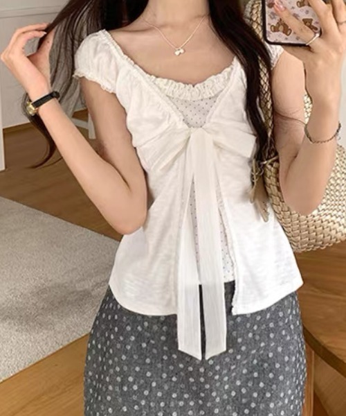 FAVORITO(ファヴォリート)の「リボン付きフェイクレイヤード半袖トップス(その他トップス・レディース・ホワイト/グレー/ブルー・F)」の13枚目の写真