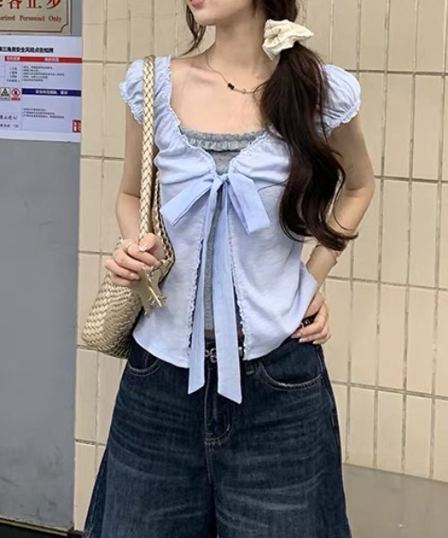 FAVORITO(ファヴォリート)の「リボン付きフェイクレイヤード半袖トップス(その他トップス・レディース・ホワイト/グレー/ブルー・F)」の5枚目の写真