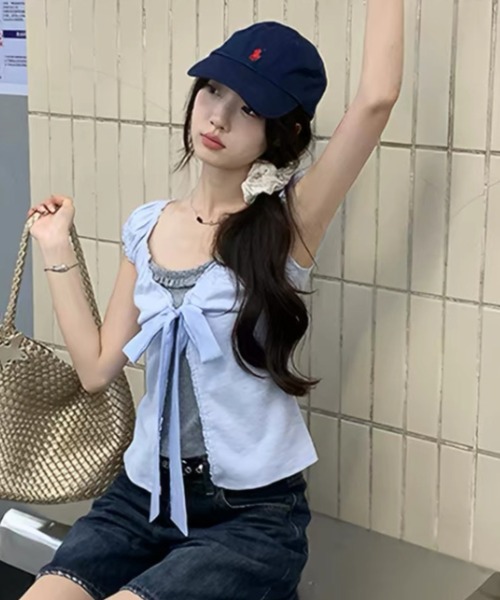 FAVORITO(ファヴォリート)の「リボン付きフェイクレイヤード半袖トップス(その他トップス・レディース・ホワイト/グレー/ブルー・F)」の4枚目の写真