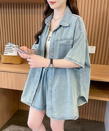 【セットアップ】オーバーサイズ半袖デニムシャツ&ショートパンツ